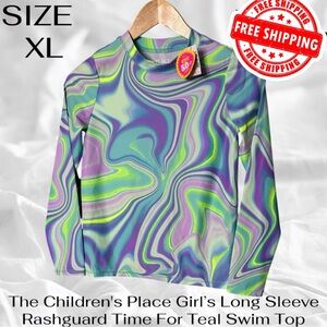 NWT The Children's Place Girl’s Long Sleeve Rashguard Time For Teal Swim Top XL